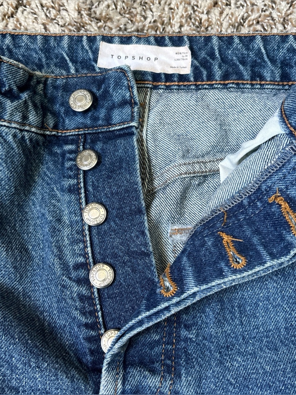 Topshop High-Rise Button-Fly Medium Blue Jeans